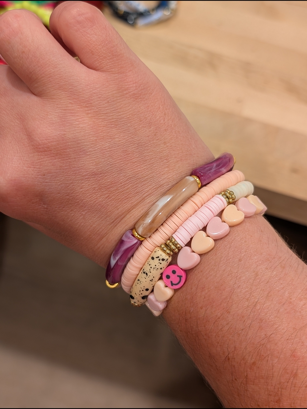 Pink Purple Beaded Heart Bracelet Set